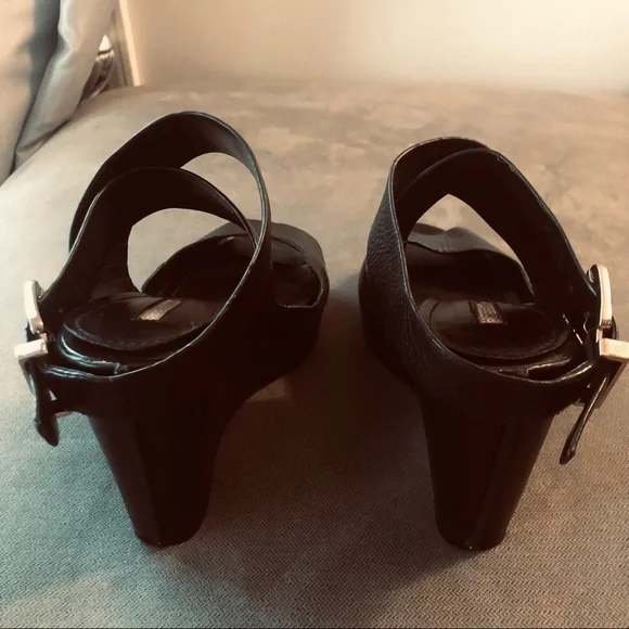 BCBG genuine leather black wedge shoes.See photos for wear.Double strap,open toe - Picture 3 of 11